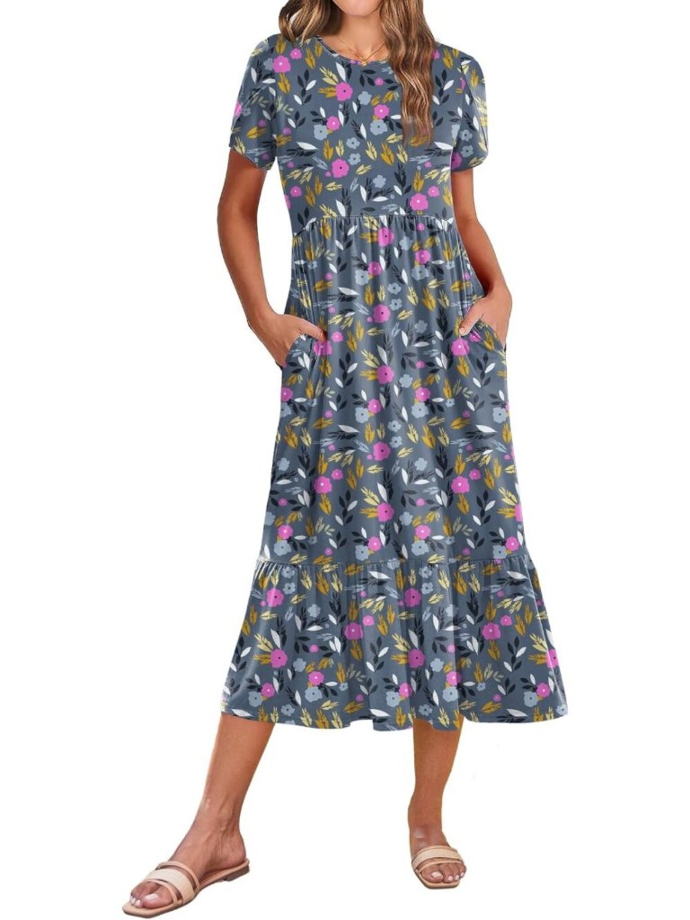 Summer Midi A-Line Dress for Women - Short Sleeve, Flowy, Tiered, Beachy with